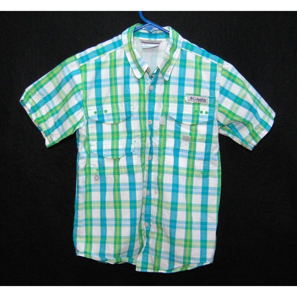 Columbia PFG Shirt Boys Medium Blue Green Vented Short Sleeve Fishing Hiking Top